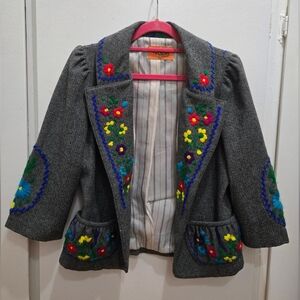 Gray Embroidered Jacket with Floral Design